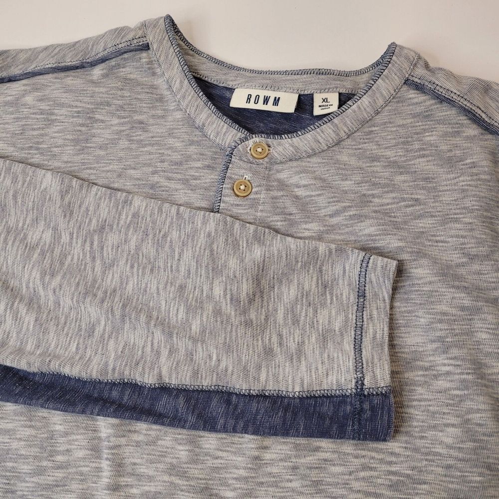 ROWM Henley‎ Shirt Mens XL Blue Grey Excellent Space Dye Contrast Long Sleeve
